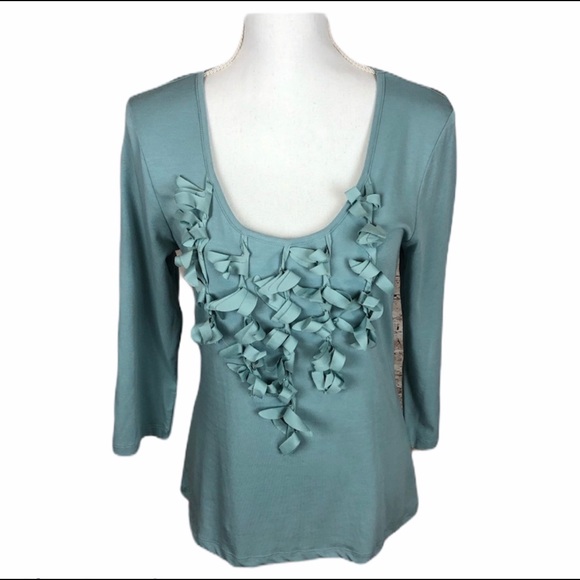 Spense Sz Lg Scoop Neck 3/4 Sleeve Curly Frill Top Blue NWT - Picture 2 of 8